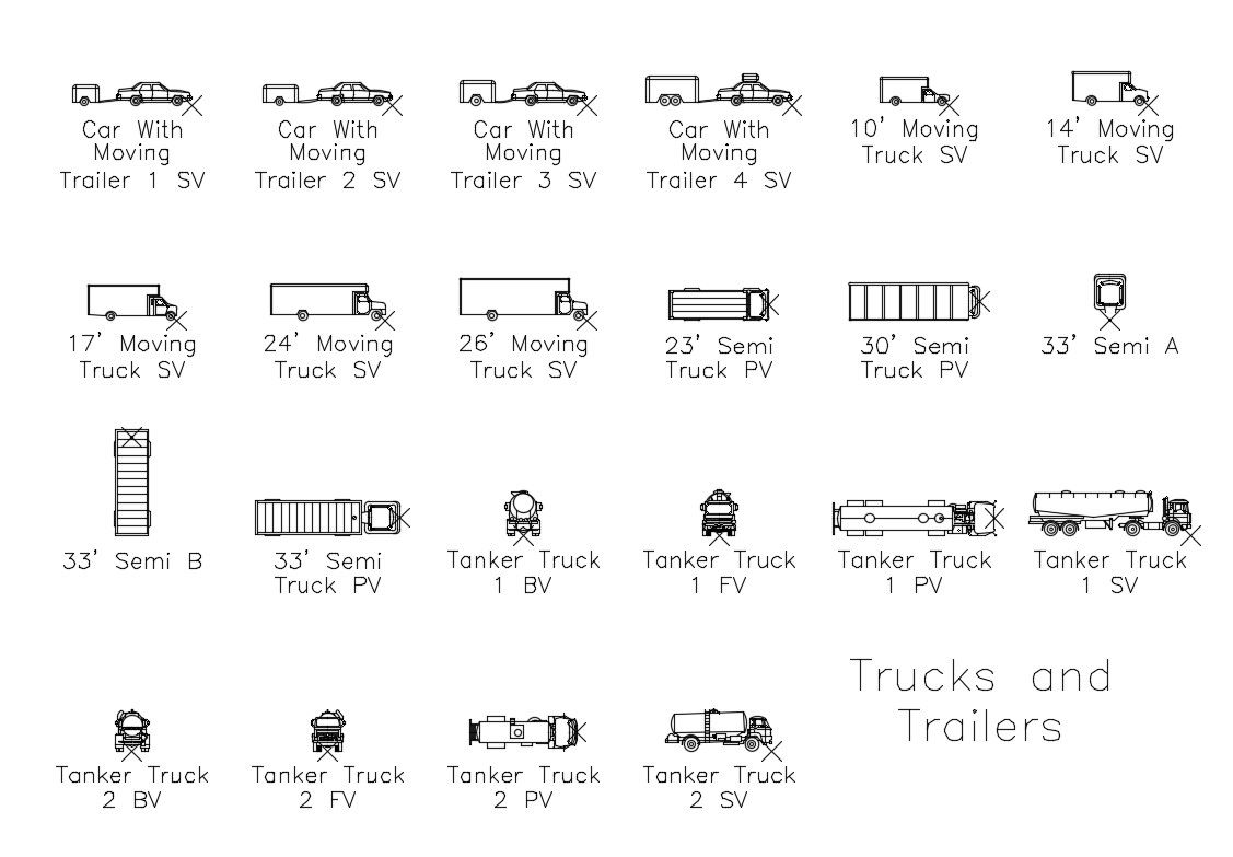 Multiple cars and truck blocks cad drawing details dwg file