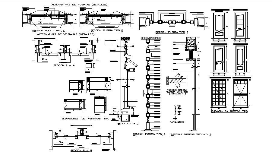 Multiple doors elevation and installation details dwg file