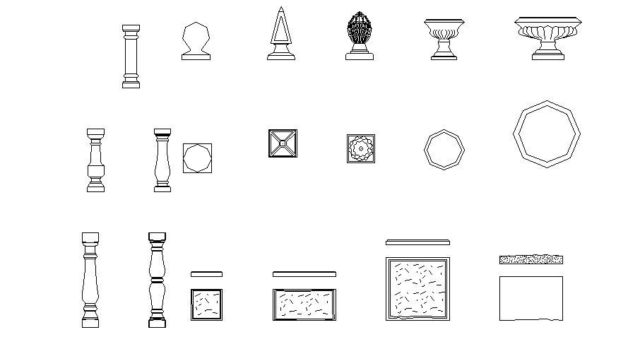 Multiple fountain, column and garden decorative blocks cad drawing details dwg file