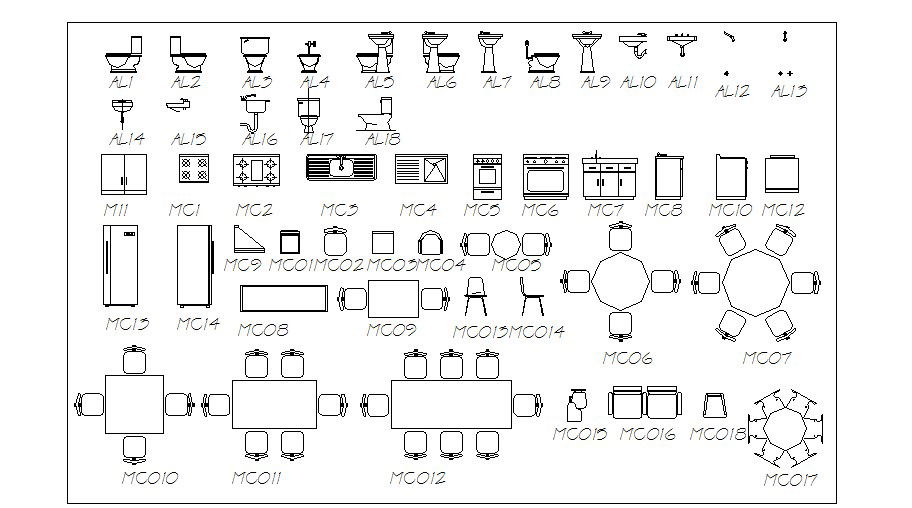 Multiple furniture, kitchen and sanitary blocks cad drawing details dwg file