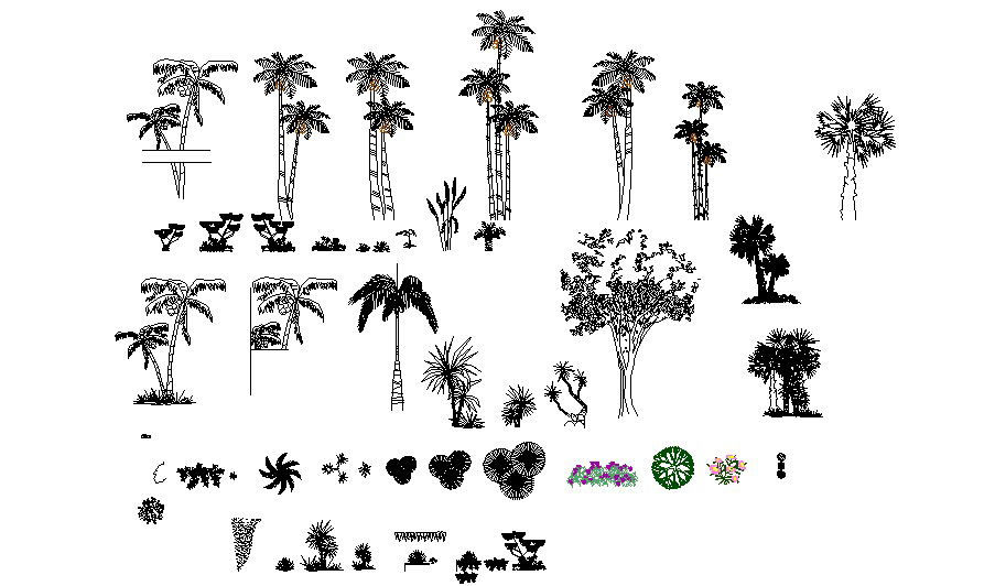 Multiple garden trees and plants blocks cad drawing details dwg file
