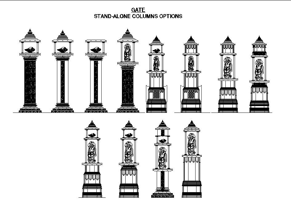 Multiple gate stand alone column elevation blocks dwg file