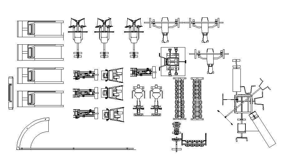 Multiple gym equipment blocks cad drawing details dwg file