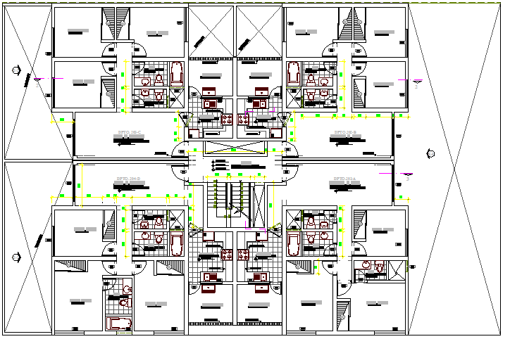 Multiple housing floor plan layout of residential building dwg file