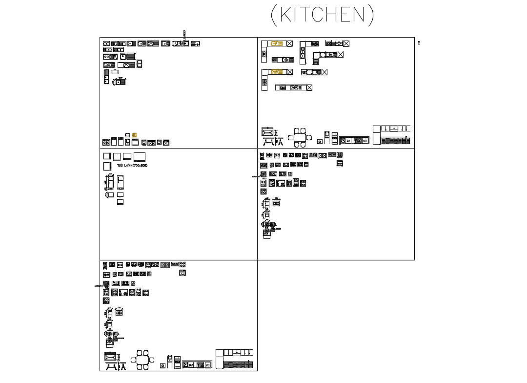 Multiple kitchen platforms and furniture blocks details dwg file