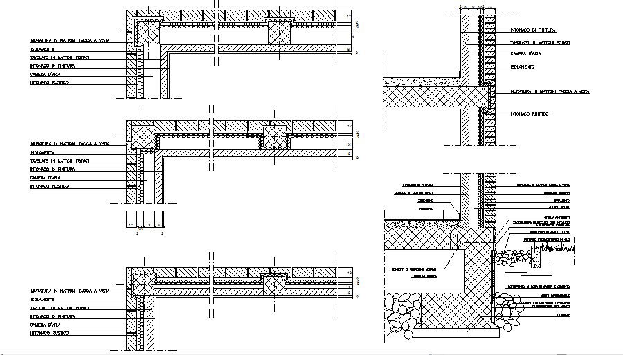 Multiple wall construction details of building dwg file