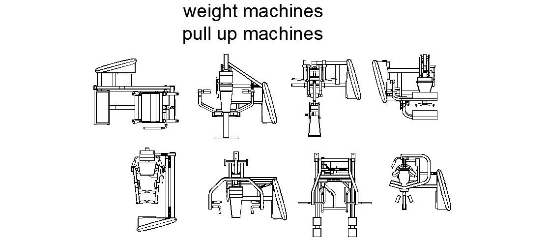 Multiple weight machines and pull ups machine blocks cad drawing details dwg file