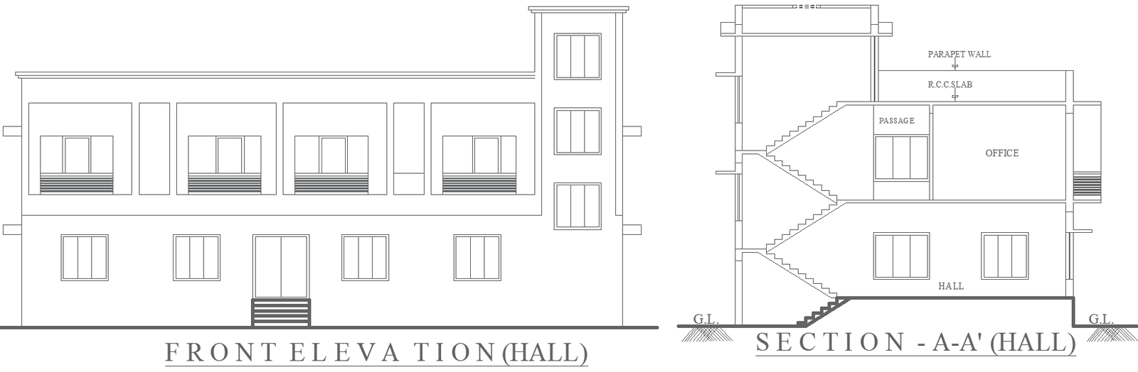  Multi-purpose Hall Elevation and Section Plan AutoCAD DWG File