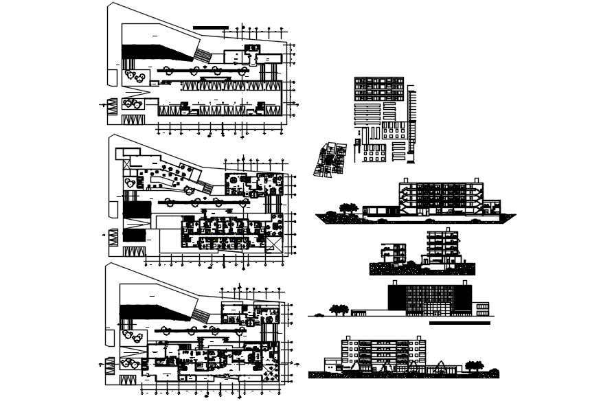 Multistorey hotel building with different elevation and section details in dwg file