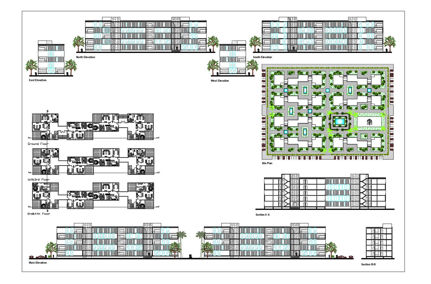 Multistorey residential building with elevation and section in dwg file