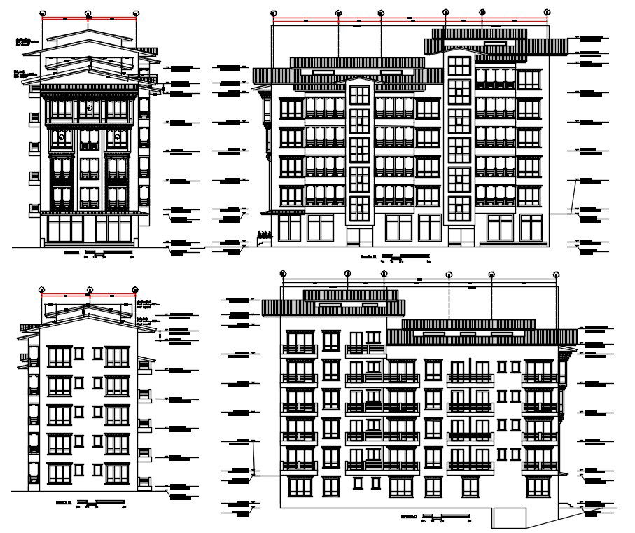 Multistory Apartment Elevation Design With Center Line CAD Drawing