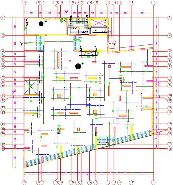 Multistory apartment building column location CAD drawing