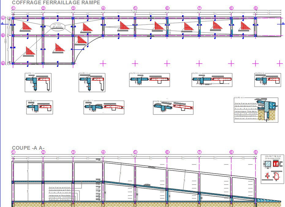 Multistory apartment building formwork reinforced ramp 2D drawing