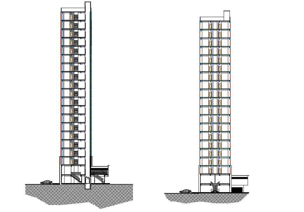 Multi-story high rise double tower Architectural building section details AutoCAD DWG drawing file. Download the AutoCAD 2D DWG file.