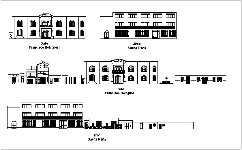 Municipal building elevation with different axis dwg file