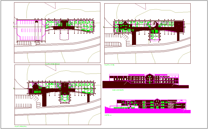 Municipal building of conchie plan,elevation and section view dwg file