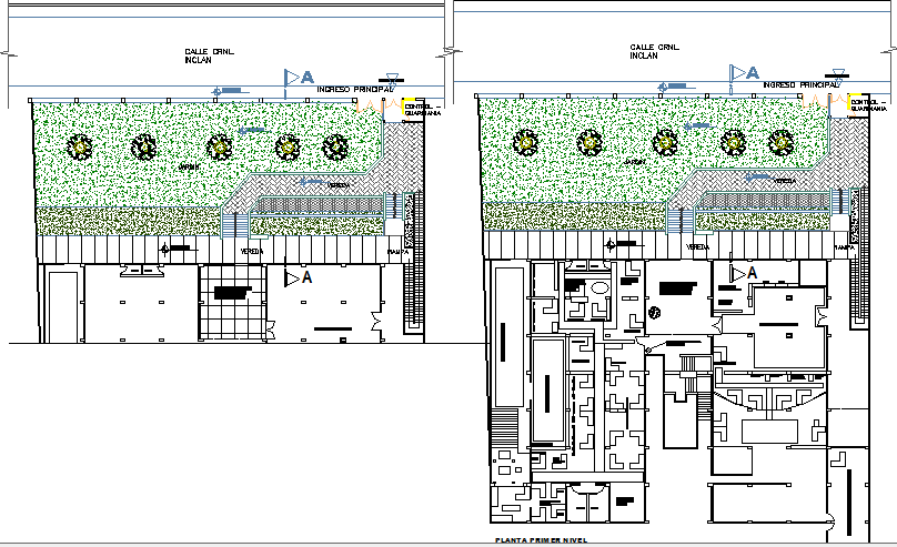 Municipal corporate office structure details with landscaping dwg file