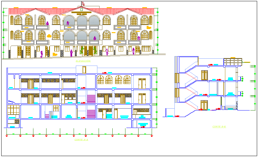 Municipality building elevation and section view dwg file