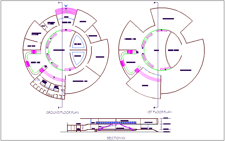 Museum floor plan with its section view dwg file