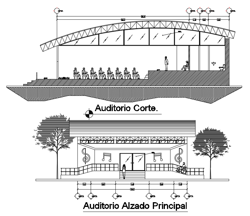 Music Court Auditorium Sectional Elevation Drawing Download DWG File