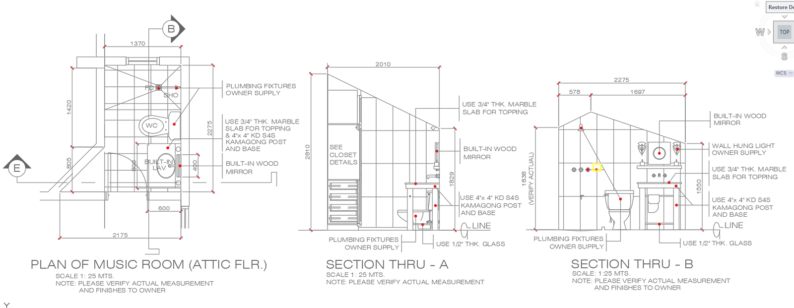 Music Room Toilet and Bathroom Plan with Section Detail In AutoCAD File