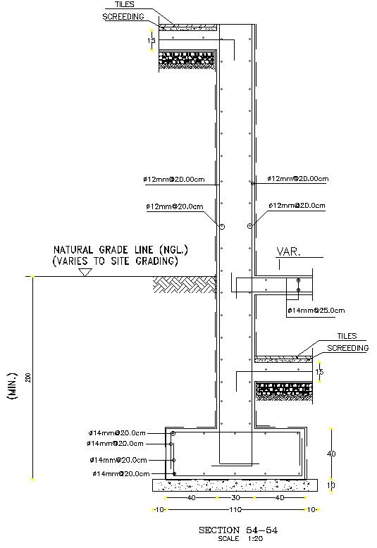 Natural grade line and footing details in AutoCAD, dwg file.