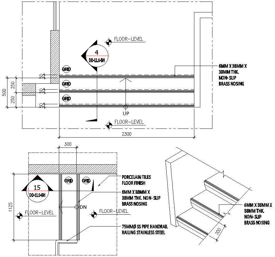 Non slipping brass nosing for stairs fitting details dwg autocad drawing .