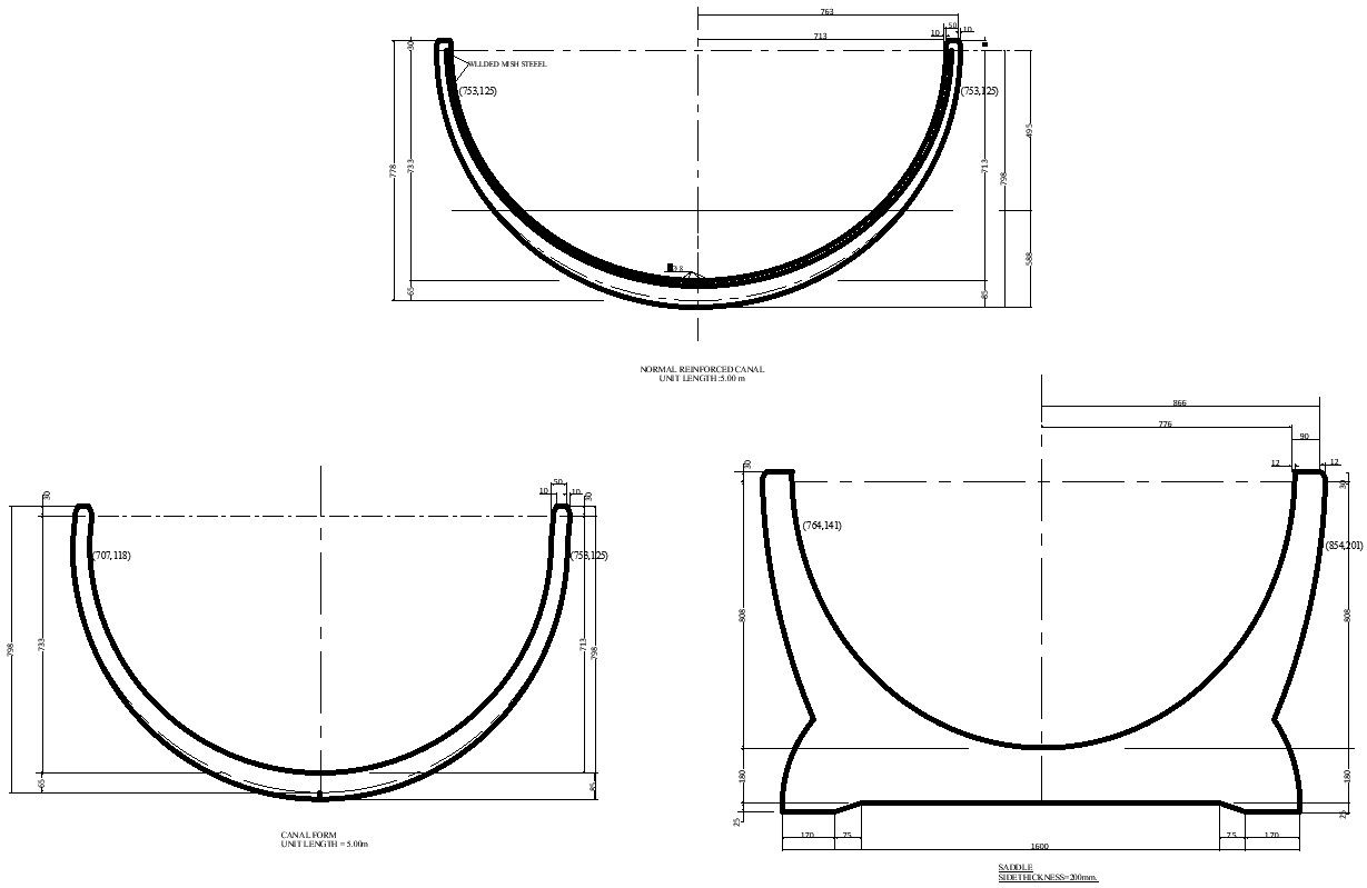 Normal Reinforced canal unit length 5.00m in AutoCAD, DWG drawings.