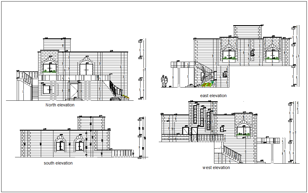 North,south,east and west side elevation for house with architectural view dwg file