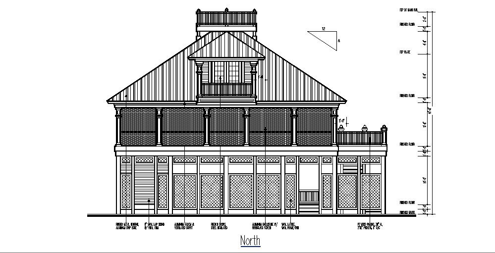 North elevation of simple two story house with dimension 2d cad drawing