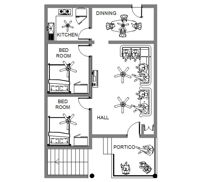North Facing 2 BHK House Plan With Furniture Layout DWG File