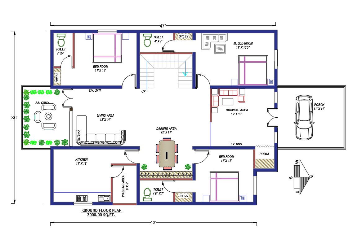 North Facing 3 BHK House Architecture Plan Drawing Download DWG File