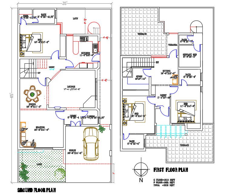 North Facing 3 Bedrooms House Furniture Layout Plan Drawing DWG File