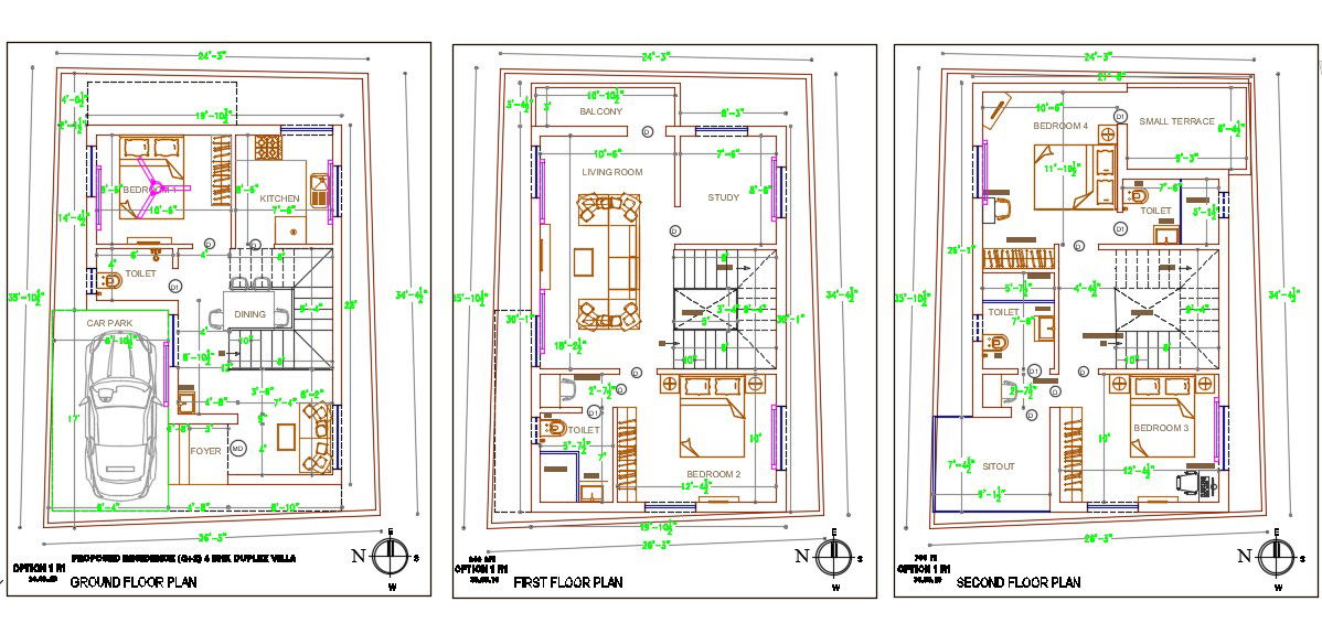 North Facing 3 Storey House Floor plan Drawing DWG File