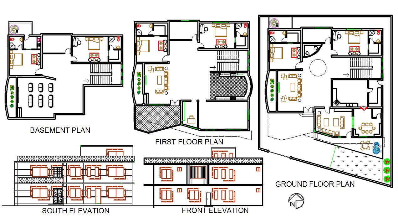 North Facing Bungalow Layout Plan With Furniture Design And Elevation Design