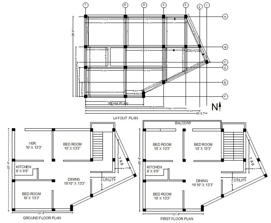 North Facing House Plan With Center line Column Layout Plan AutoCAD File