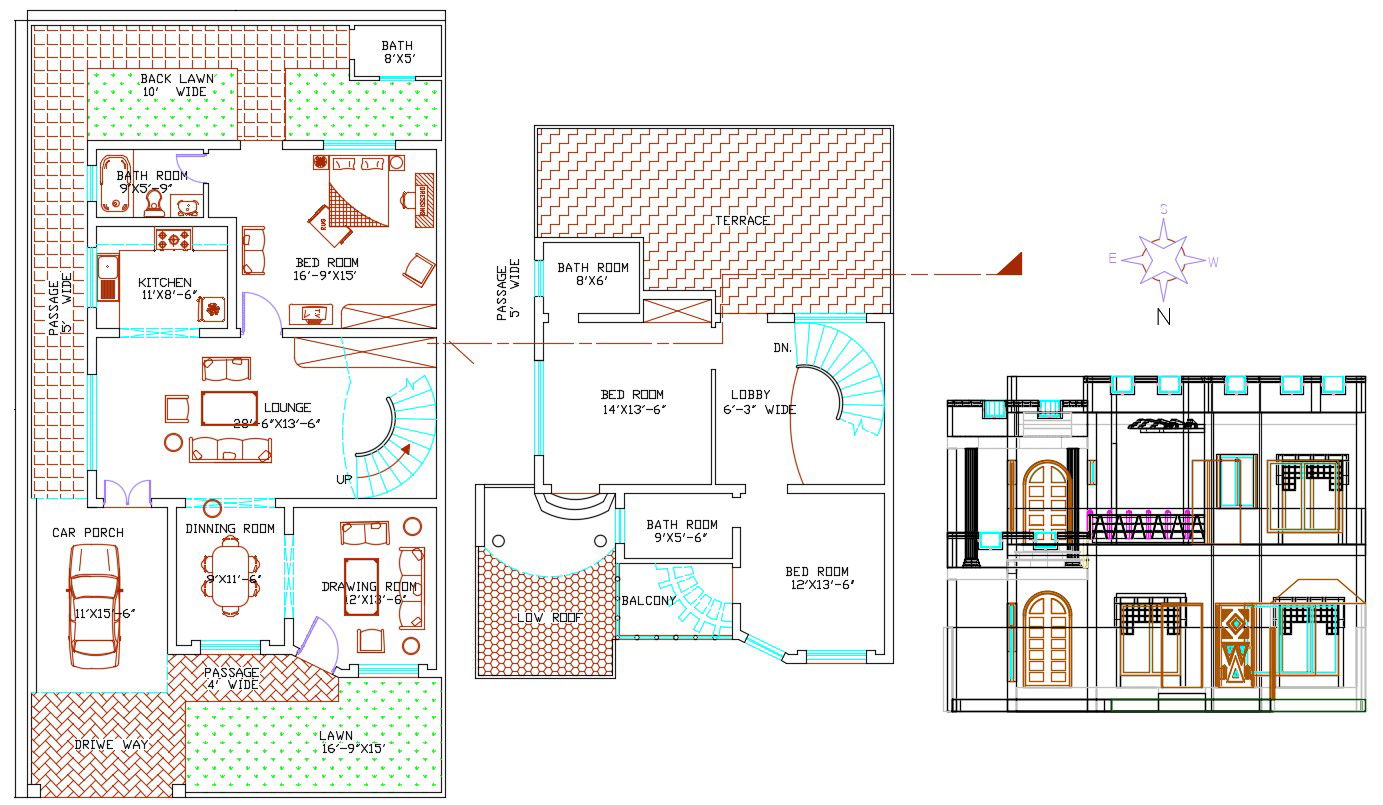 North Facing House Plan With Front Elevation Design DWG File