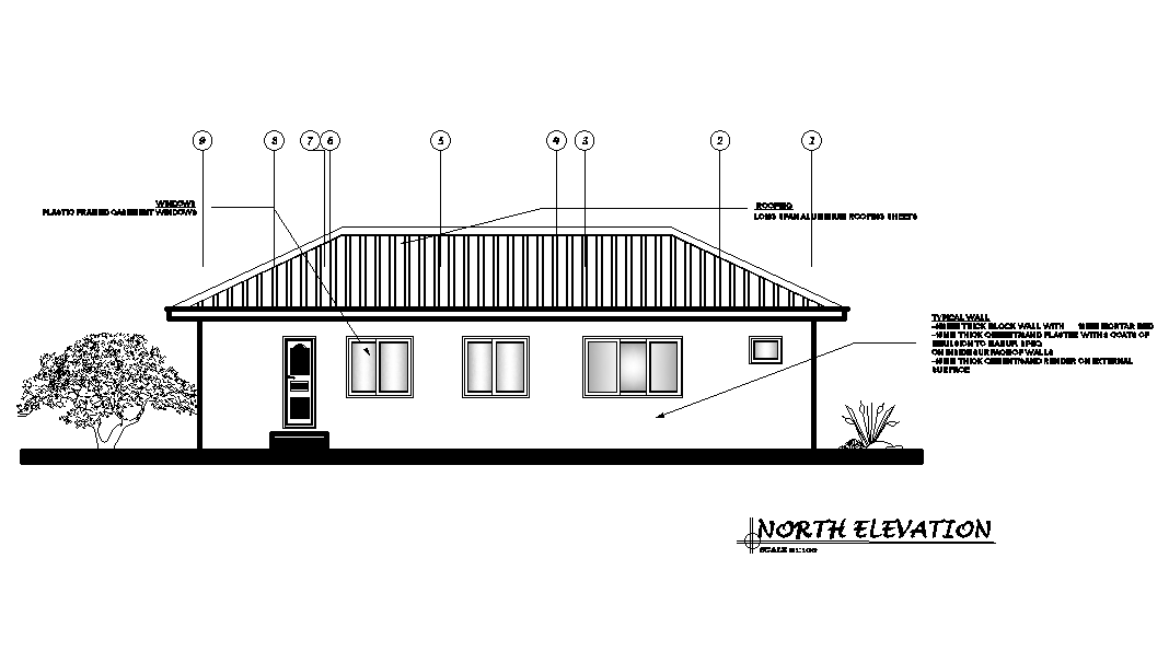 North elevation of 17x10m house plan is given in this Autocad drawing file. Download now.