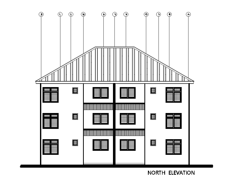 North elevation of 18x15m house plan of residential building is given in this Autocad drawing model. Download the Autocad file.