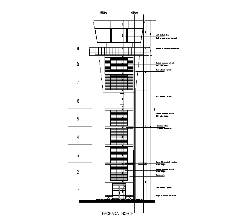 North elevation view of tower control aereo plan is given in Autocad drawing file. Download now.