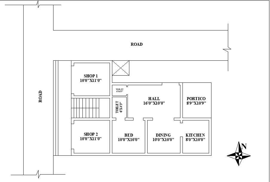 North facing 1bhk house plan with two shops as per Vastu Shastra. Download Autocad DWG and PDF file format of this house plan.