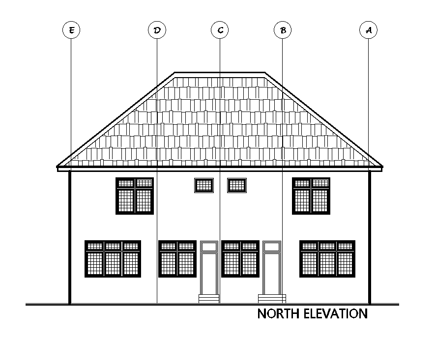 North side elevation of 15x14m duplex house plan is given in this Autocad drawing model. Download now.