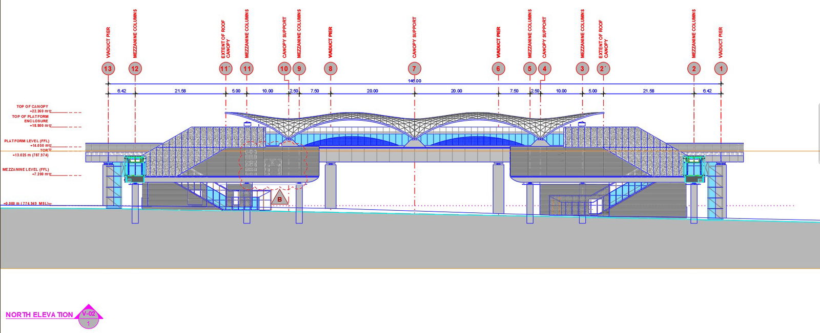 North side elevation of metro station in AutoCAD 2D drawing, dwg file, CAD file