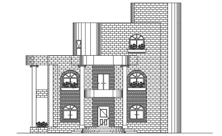 North side elevation view of the 16x15m villa building AutoCAD drawing