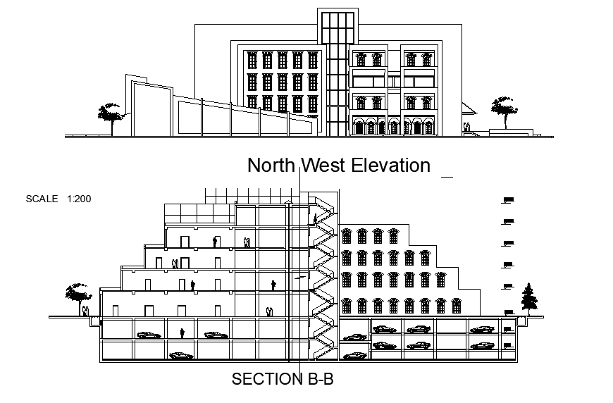 North west elevation of the building is given in this Autocad model. Download now.