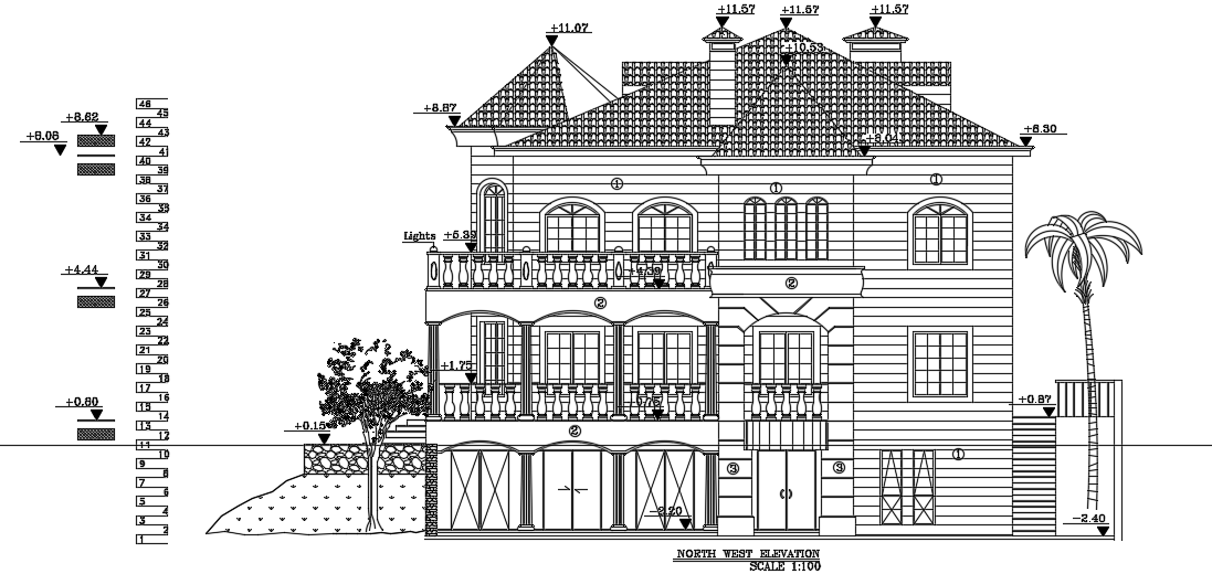 Northwest elevation view of the 16x16m luxury villa building