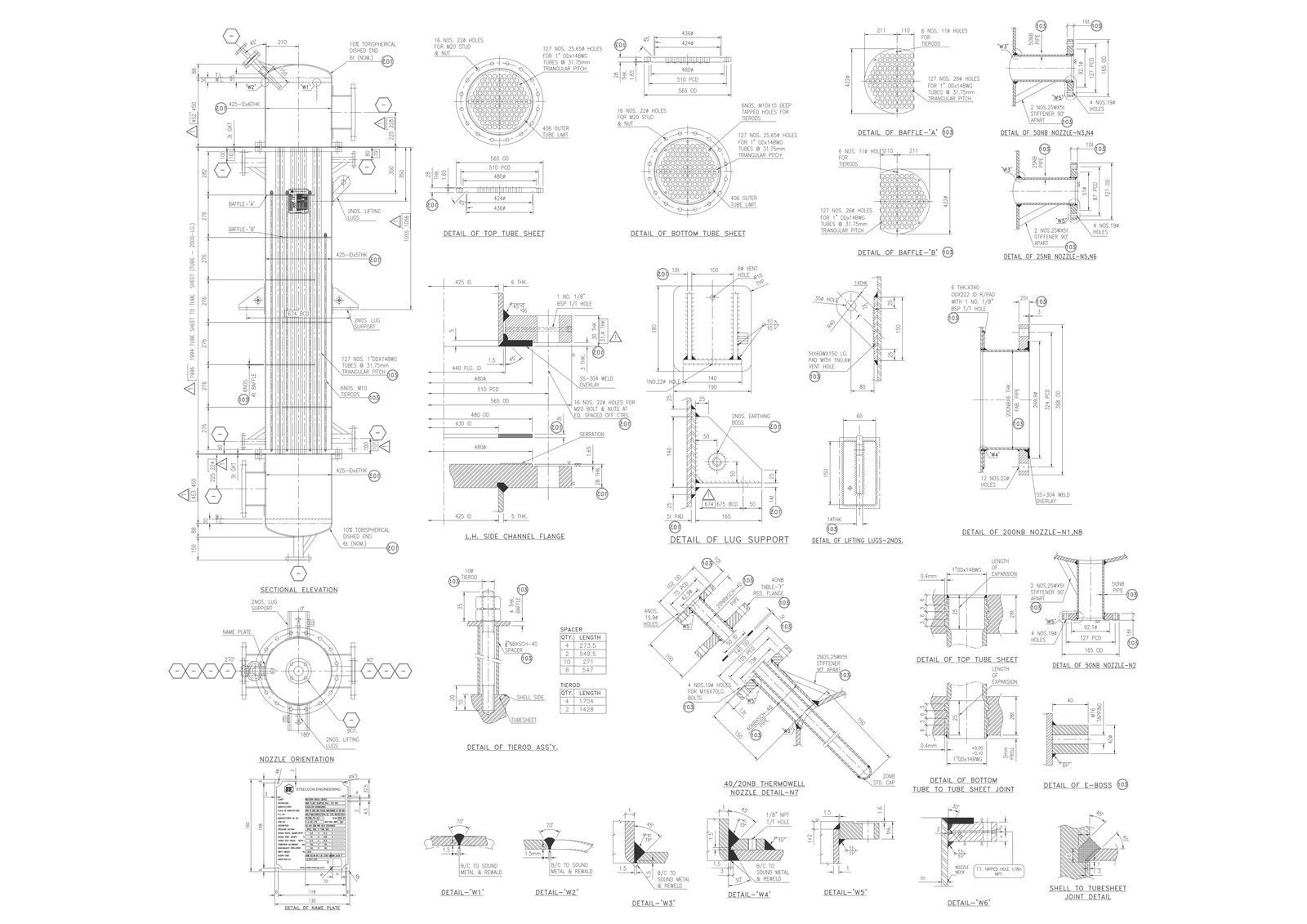 Nozzle and Tube sheet Sectional elevation and orientation Detail DWG AutoCAD file
