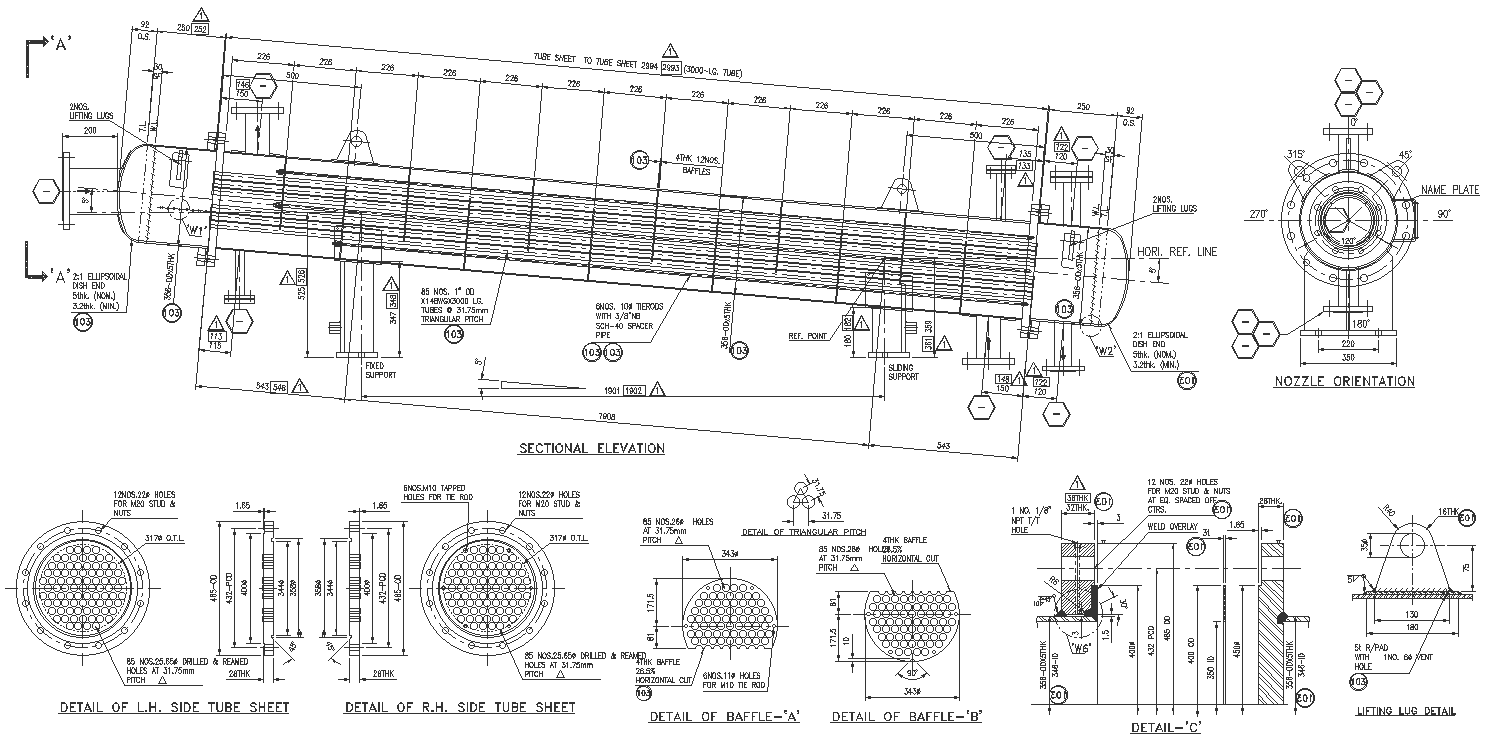 Nozzle sectional elevation and orientation with tube sheet both side detail DWG AutoCAD file