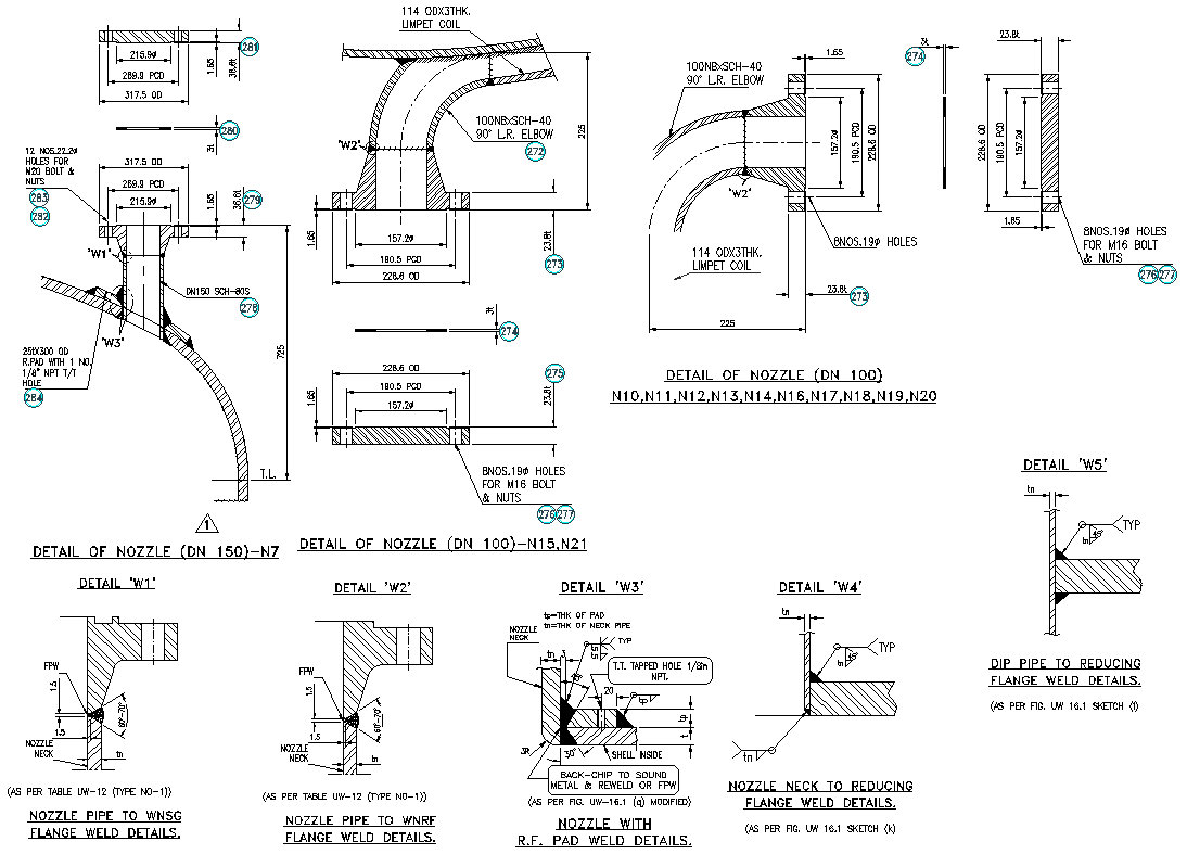 Nozzle with reference pad welding details dwg autocad drawing .