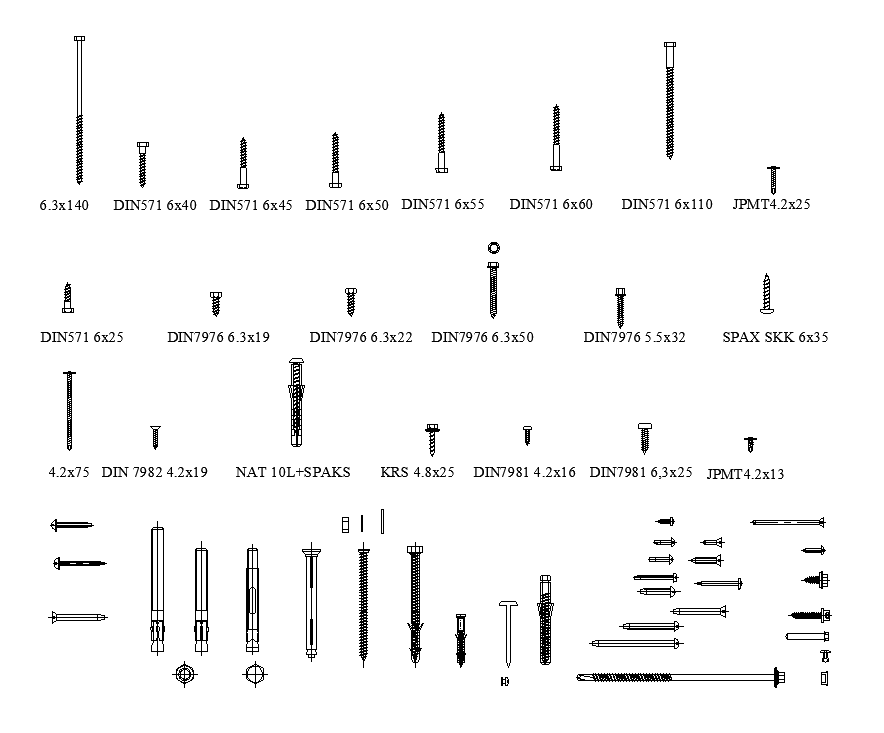 Nut bolt detail 2d view CAD machinery equipment block dwg file